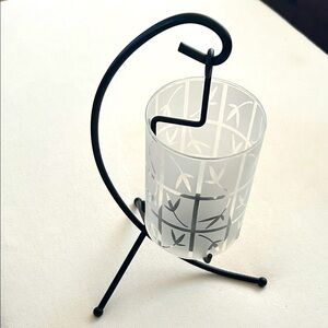 PartyLite Black and White Candle Holder with Bamboo etching